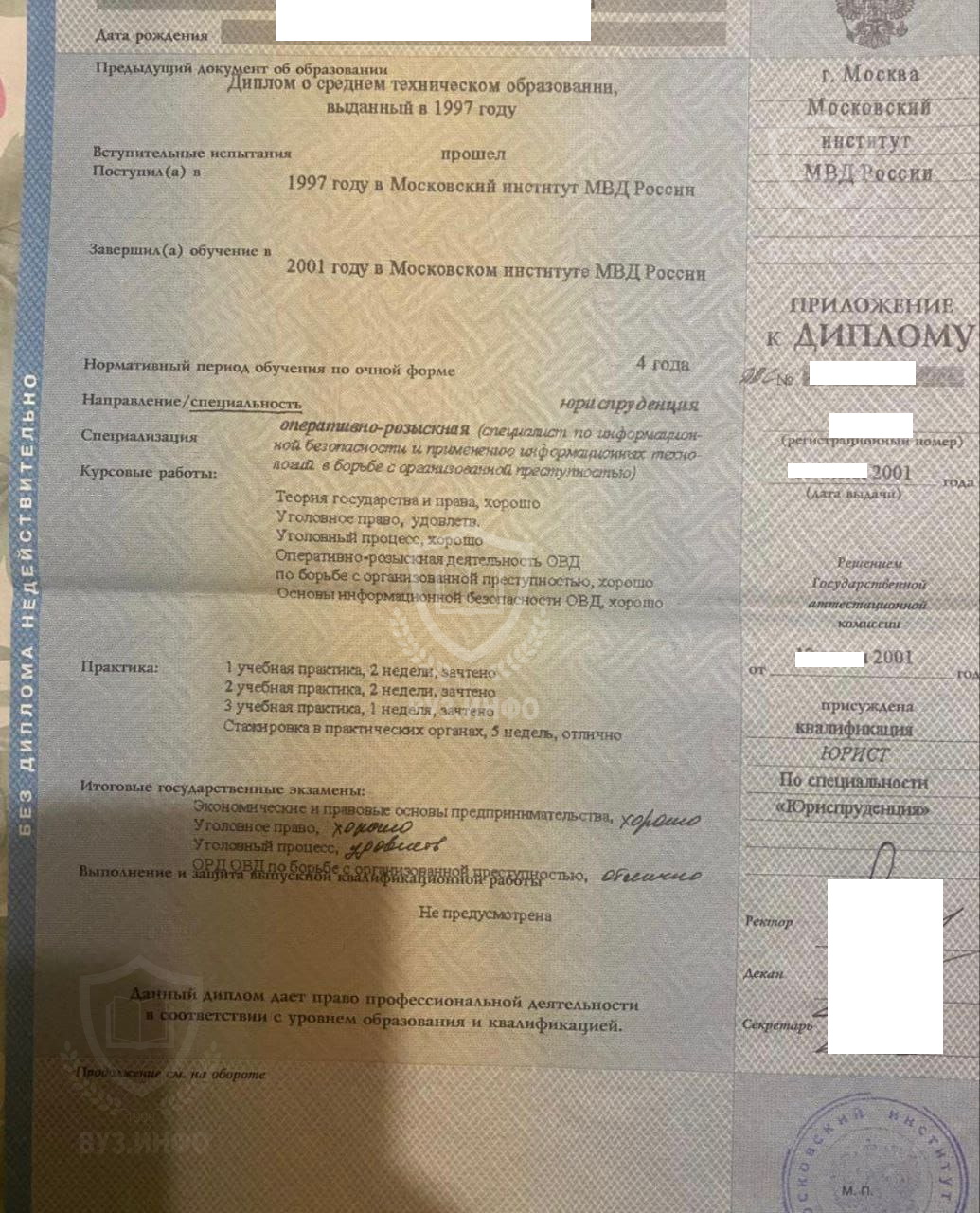 Приложение к диплому Московского института МВД России по специальности Юриспруденция (2001 г.)