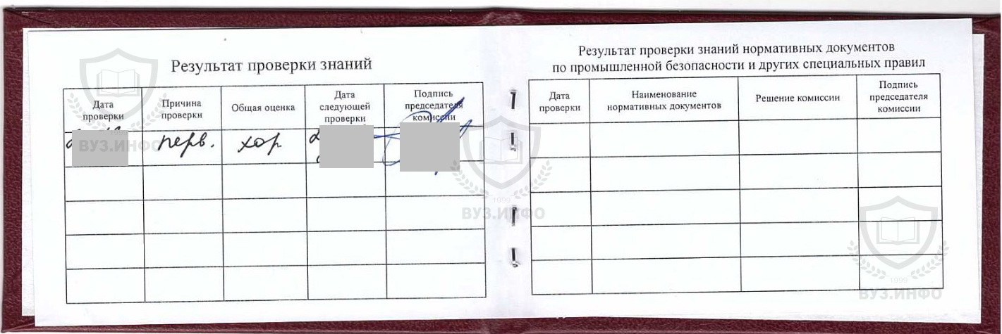 Разворот удостоверения проверки знаний техники безопасности в тепловых энергетических установках